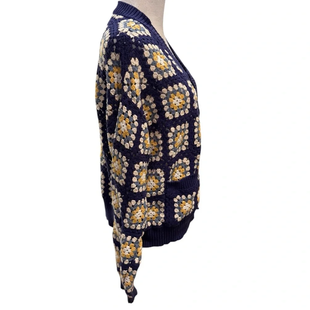 PacSun Estate Cardigan Crochet Granny Square V-Neck Button Down Sweater Navy - Picture 6 of 13
